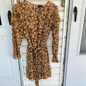 Who What Wear Brown and Pink Ruffled Tiered Dress with Long Bishop Sleeves